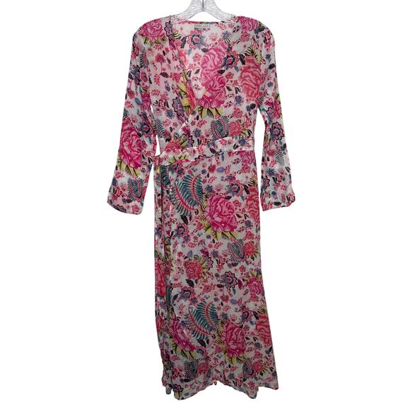 Debbie Katz inez Zara fpink loral midi wrap sheer summer resort dress XS - Picture 2 of 14